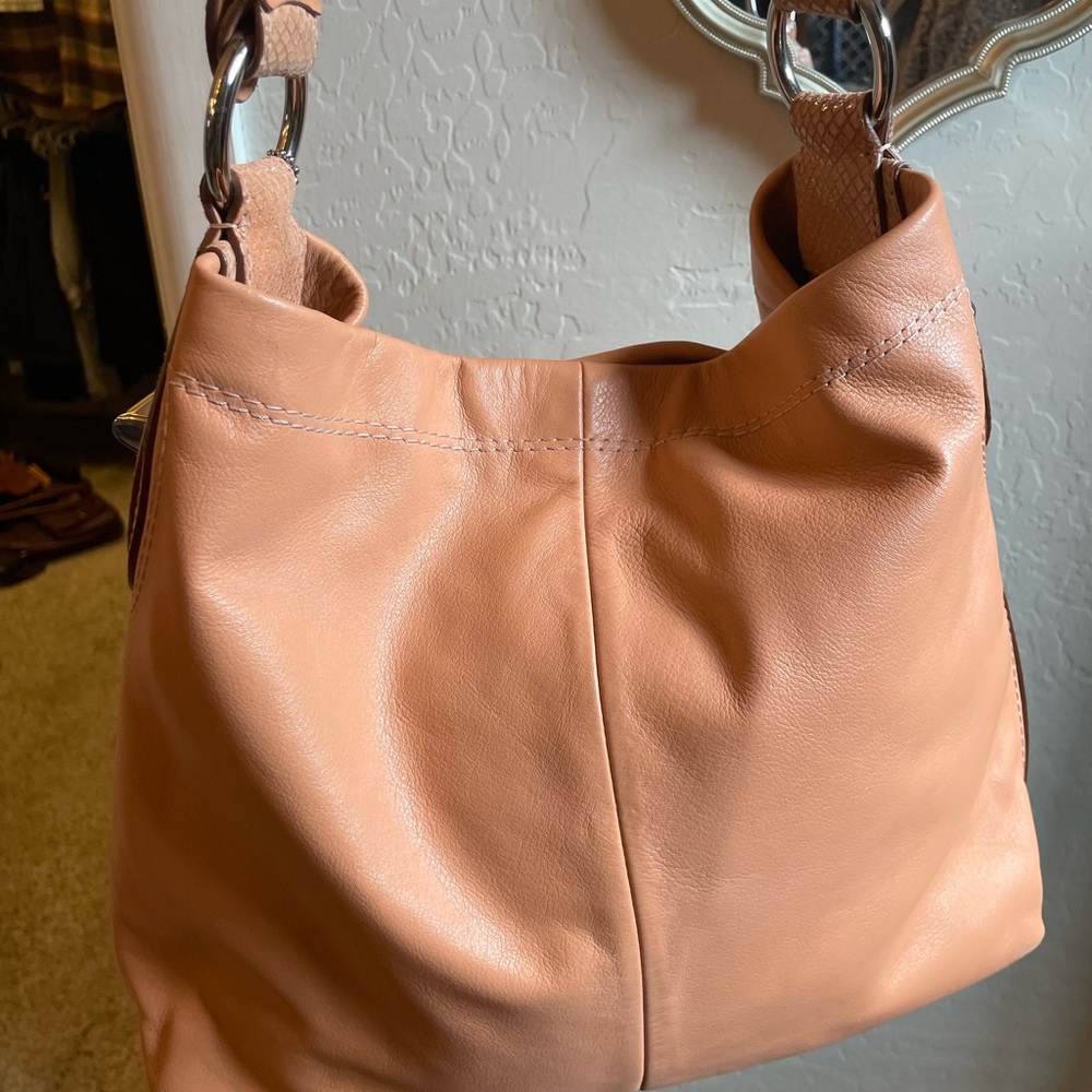 Coach satchel bag, peach colored with snake skin band
